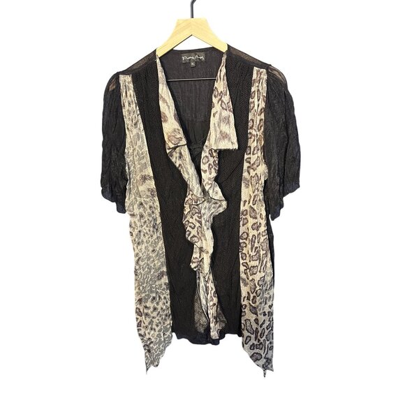 Pretty Angel Womens XL Black & Animal Print Sheer Ruffle Tunic Blouse - Picture 1 of 4